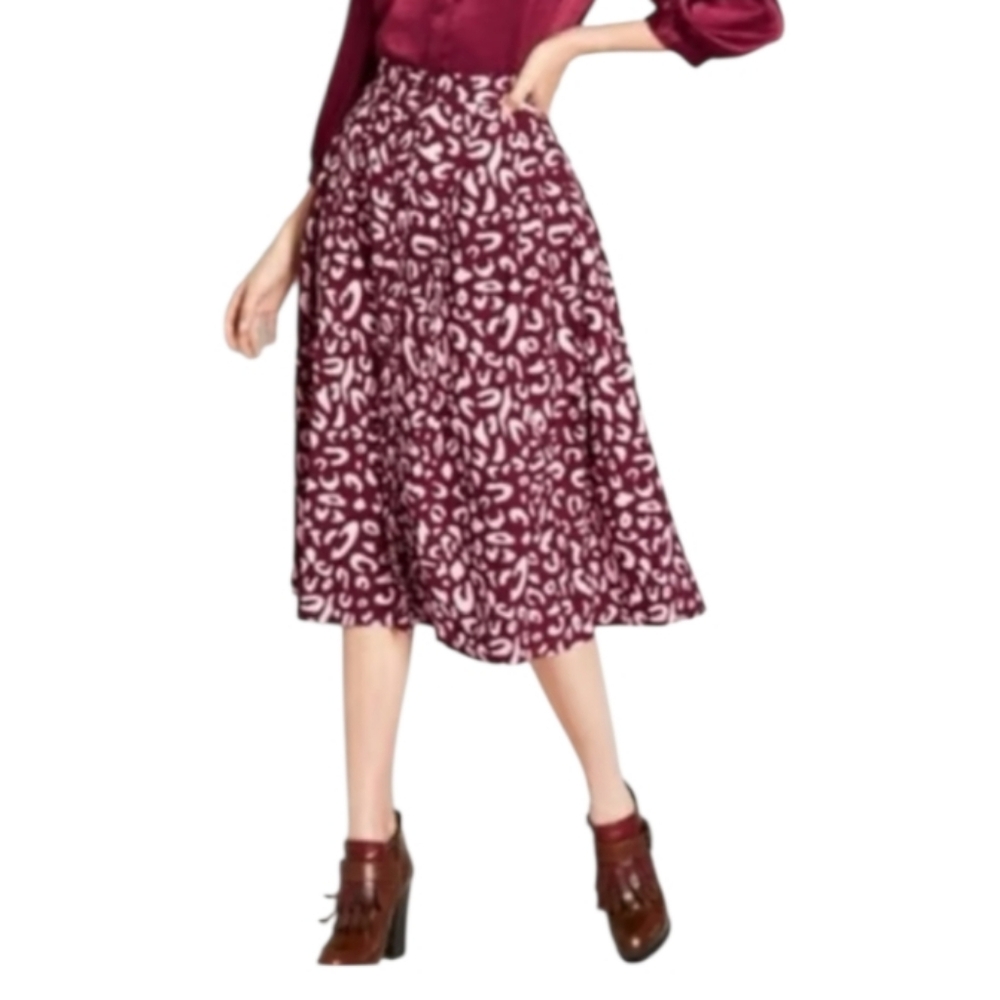 Modcloth Pleated Midi Skirt 16 Burgundy Pink Animal Print Button Front Spring